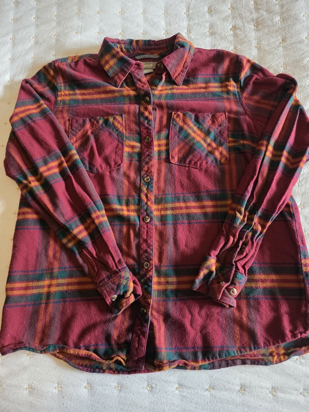 Natural Reflections Burgundy Plaid Button-Down Shirt with Orange & Green Stripes